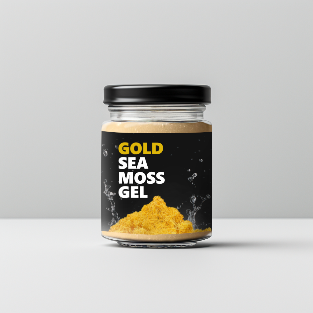 Jar of mineral sea moss gel with a black label and colorful seaweed design.