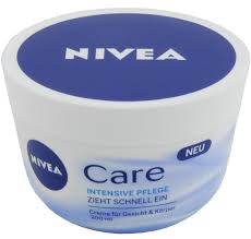 קרם גוף NIVEA Care באיריזת קופסה עגלגלה עם מכסה כחול.