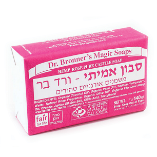 סבון מוצק של Dr. Bronner's עם ארומת ורד, מכיל שמן קוקוס ושמן זית, אורגני וטבעי, במשקל 140 גרם.