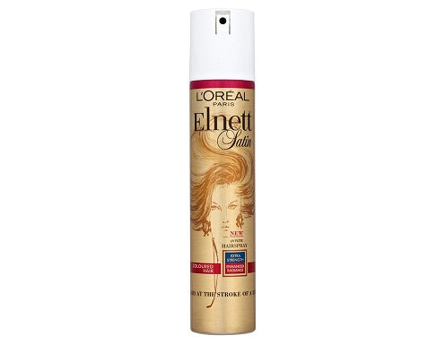 תרסיס לשיער של L'Oréal Paris, Elnett Satin, באריזת זהב עם פרטים אדומים ולבנים.