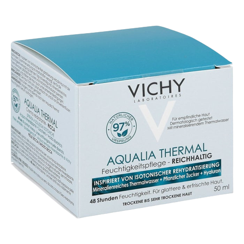 קרם לחות Aqualia Thermal של Vichy מיועד לעור יבש, מעניק לחות למשך 48 שעות ומכיל חומצה היאלורונית ומינרלים.