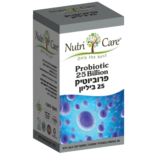 פרוביוטיקה Nutri Care תומכת בבריאות מערכת העיכול, מכילה 30 כמוסות עם 25 מיליארד חיידקים פרוביוטיים בכל כמוסה, במשקל כולל של 16.5 גרם.