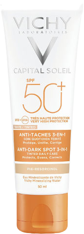 קרם הגנה לפנים SPF50 בגוון אחיד. מכיל מים טרמליים ו-PHE-RESORCINOL למניעת כתמים כהים, מותאם לעור רגיש.