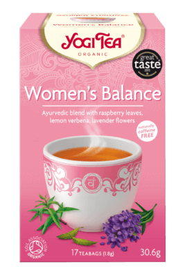 קופסה של תה צמחים בשם 'Women's Balance' מבית Yogi Tea, מכילה 17 שקיות תה אורגני במשקל נטו של 30.6 גרם.