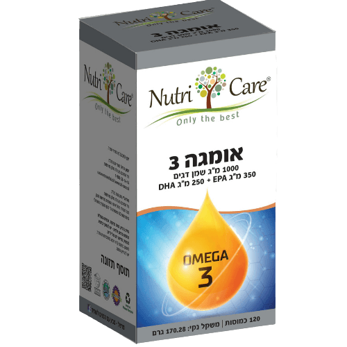 קופסה בהירה של תוסף תזונה 'אומגה 3' מבית Nutri Care, מכילה 120 כמוסות של 1000 מ