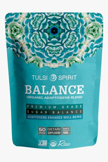 אבקת BALANCE ממותג Tulsi Spirit, תוסף תזונה עם אדפטוגנים אורגניים.