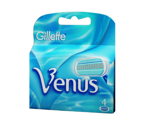 קופסה של תחליפי להב לגילוח לנשים Gillette, המוצגת בעיצוב בצבעי מים כחולים. הקופסה כוללת 4 להבים.