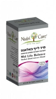 קופסה של תוסף תזונה בשם 'Mid Life Balance' מ-Nutri Care, מכילה תמציות צמחים לאיזון הורמונלי בשנות המעבר, 60 כמוסות. המידע כתוב בעברית.