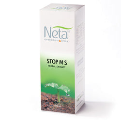 תמצית צמחית 'STOP M S' של המותג Neta, באריזת קופסה ירוקה עם רקע של צמח צעיר.