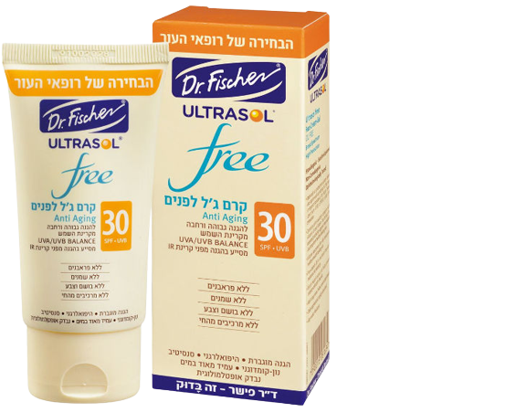 קרם הגנה אנטי אייג'ינג לעור הפנים של המותג Dr. Fischer, תחת השם ULTRASOL, המיועד לשימוש יומיומי. המוצר מציע הגנה גבוהה מפני קרני UVA/UVB ו-IR עם מדד SPF 30. הקרם בגודל 50 מ