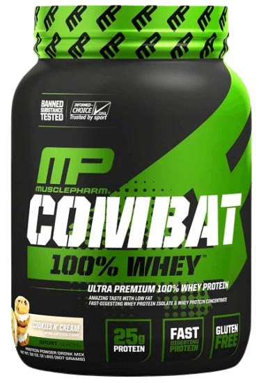 אבקת חלבון COMBAT 100% WHEY של MusclePharm, בטעם בננה.