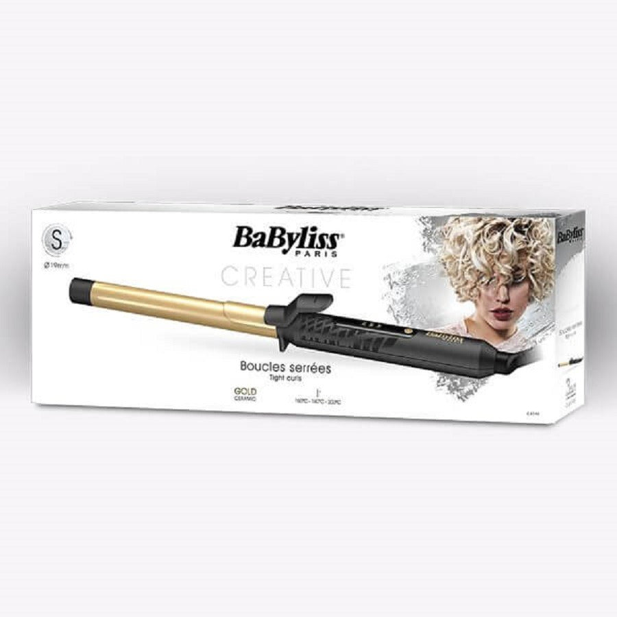 מכשיר עיצוב שיער מבית BaByliss דגם Creative, מיועד ליצירת תלתלים הדוקים, עם ציפוי קרמי זהב ו-3 דרגות חום.