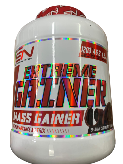 קופסת תוסף תזונה מסוג Mass Gainer של המותג EN, בשם EXTREME GAINER בטעם שוקולד בלגי, מכילה 4.5 ק