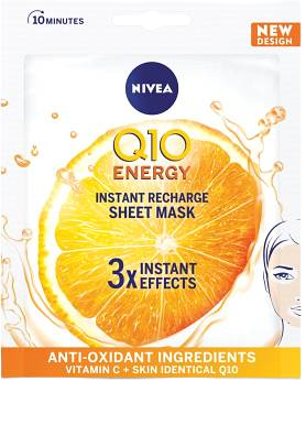 מסכת פנים Nivea Q10 Energy - נוגדת קמטים, עם ויטמין C. רענון מיידי תוך 10 דקות, מעניקה גמישות ונוחות לעור.