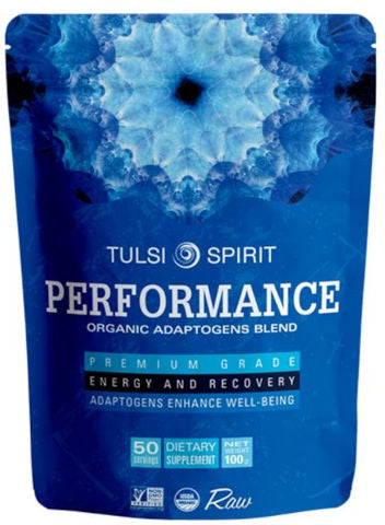 אבקת פרפורמנס של Tulsi Spirit, תוסף תזונה אורגני עם אדפטוגנים, משפר אנרגיה והתאוששות, מגיע ב-50 מנות.