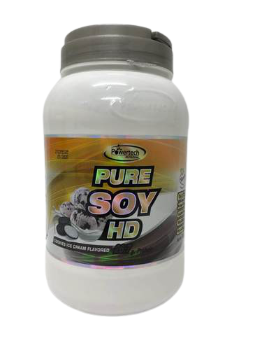 קופסה לבנה עם מכסה אפור, משווקת כ-PURE SOY HD של המותג Powertech. מיועדת להפקת אבקת סויה, במיוחד להכנת גלידות בטעם סויה.