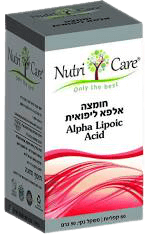 קופסה של תוסף תזונה חומצה אלפא-ליפואית מבית Nutri Care. על הקופסה מופיע הלוגו של המותג, לצד הכיתוב 'Nutri Care', 'חומצה אלפא-ליפואית' ו-'Alpha Lipoic Acid'.