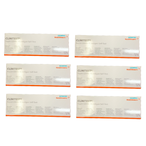 שש קופסאות של CLINITEST® Rapid COVID-19 Antigen Self-Test מותג Siemens Healthineers, עם יחידה אחת בכל קופסה.