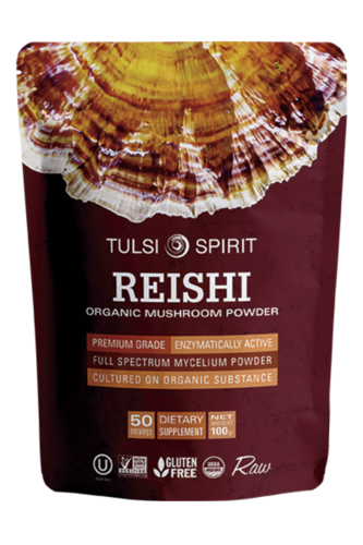 אבקת פטריות ריישי אורגנית ממותג Tulsi Spirit, איכות פרימיום, 50 מנות, מכילה בריאות העור, חיזוק השיער ואנטי אוקסידנטים.