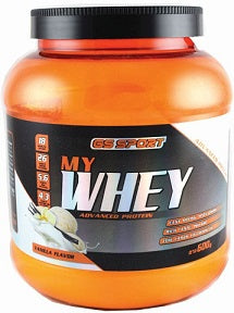 קופסה כתומה של אבקת חלבון 'MY WHEY' מבית GS SPORT בטעם עוגיות, במשקל 600 גרם.