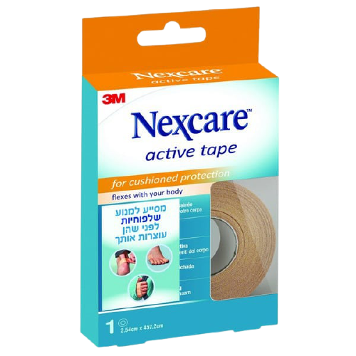 קלטת רפואית אקטיב טייפ של Nexcare, מתאימה לשימוש על העור, מגן מפני חיכוך ומסייע למנוע שלפוחיות.