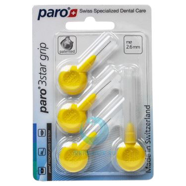 קופסה עם 4 ראשי מברשות דנטליות paro, בעיצוב '3 star grip', המיוצר בשוויץ. טיפול דנטלי נוח ויעיל.