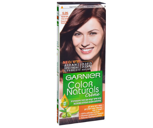 קרם לצביעת שיער של Garnier מדגם Color Naturals, גוון 5.25 - חום מהגוני בהיר. מקנה 100% כיסוי שיער שיבה ומכיל 3 שמנים טבעיים: שמן זית, שמן אבוקדו ושמן מוס. מוצר מסייע להזנה וטיפוח השיער, כולל 20% תוספת מסכת הזנה.