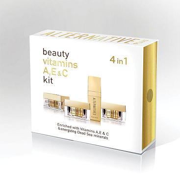 קופסה מלבנית של קיט טיפוח בשם 'Beauty Vitamins A, E & C Kit' מבית Alternatives.