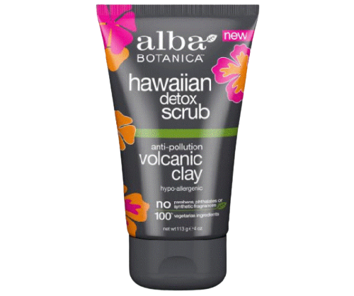 Hawaiian Detox Scrub של Alba Botanica, פילינג לפנים עם חימר וולקני לניקוי זיהומים, 113 גרם, היפואלרגני ו100% רכיבים צמחיים.