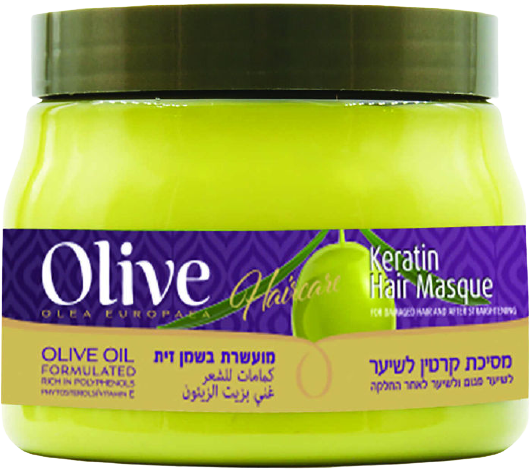 מסיכת שיער עם קראטין של המותג Olive, מיועדת לשיער פגום ומעושרת בשמן זית.