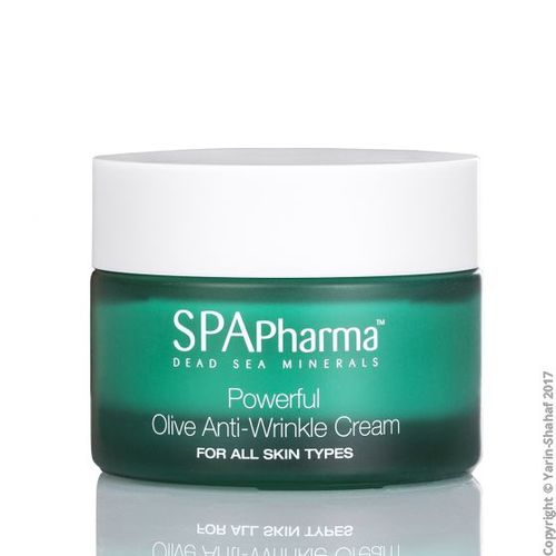 קרם אנטי-אייג'ינג Powerful Olive Anti-Wrinkle Cream של SPApharma באריזת קופסה ירוקה עם מכסה לבן