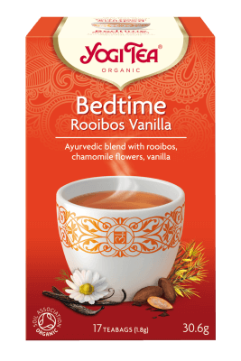 קופסת תה אורגני של Yogi Tea עם כותרת 'Bedtime Rooibos Vanilla'