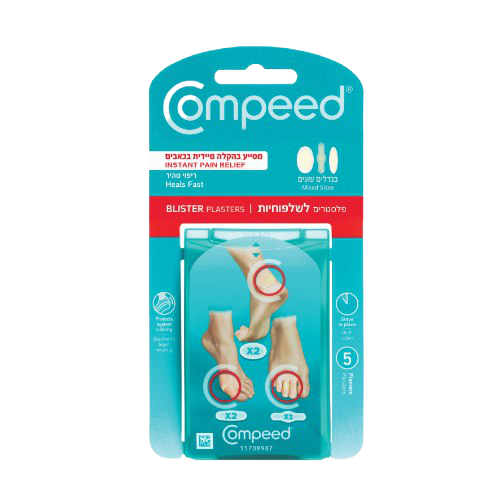 פלסטרים לשלפוחיות Compeed, 5 יחידות, הקלה מיידית בכאב, מיועדים לטיפול בכאבים ברגליים.