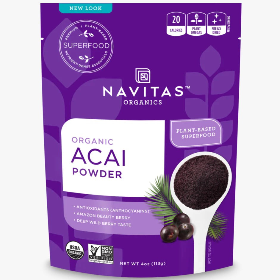 אבקת אאסי אורגנית של Navitas Organics, 113 גרם. מכילה נוגדי חמצון, אומגות מהצומח, ומסמני USDA Organic. מזון על.