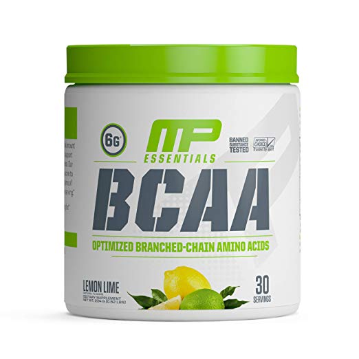 מוצר BCAA מסדרת MP Essentials מכיל 6 גרם חומצות אמינו, בטעם לימון-ליים, 30 מנות, ומיועד לתמיכה במסת שריר והתאוששות אחרי אימון.