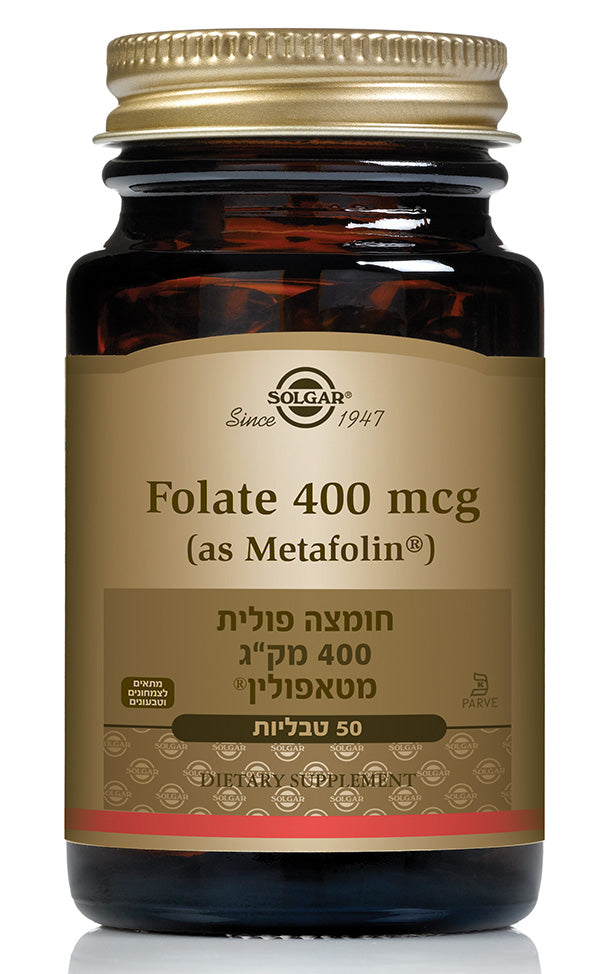 תוסף תזונה לחומצה פולית (Folate) של חברת Solgar באריזת קופסה, מכיל 50 טבליות של 400 מק