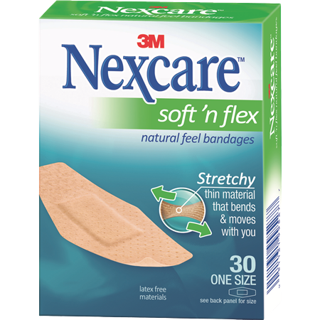 מדבקות פצעים Nexcare Soft 'n Flex, 30 יחידות, גמישות גבוהה, נושמות, מתאימות לעור, תוצרת 3M.