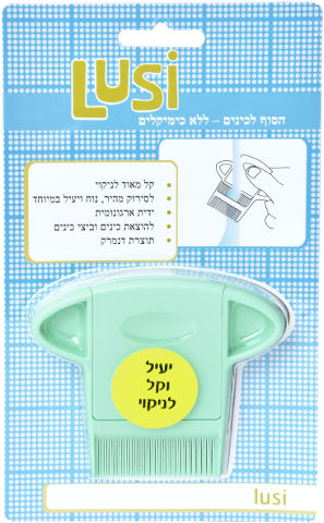 מסרק נגד כינים בעיצוב ארגונומי עם שיניים צפופות, בצבע ירוק. מוצר Lusi מדנמרק, קל לשימוש ולניקוי.