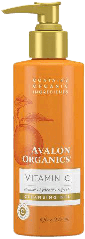 ג'ל ניקוי פנים של Avalon Organics, בשם Vitamin C Cleansing Gel, באריזת פלסטיק כתומה עם מכסה מפומפם מוזהב. נפח הבקבוק 6.0 fl oz (177 מ