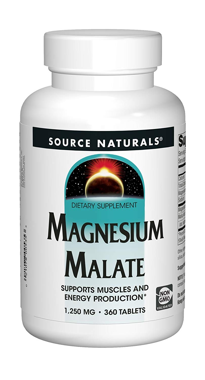 בקבוקון של תוסף תזונה בשם Magnesium Malate מוגש במותג Source Naturals, מכיל 360 טבליות של 1,250 מ