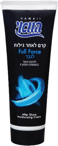 קרם לאחר הגילוח Full Force של מותג Hawaii, באריזת קופסה שחורה עם פרטים בכחול ולבן, מכיל 120 מ