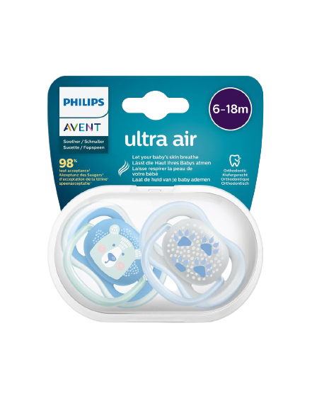 מוצץ Philips Avent Ultra Air עבור תינוקות בגילאים 6-18 חודשים, כולל 2 מוצצים בעיצוב חמוד עם דמויות. עשוי מחומרים בטוחים עם פתחי אוורור לעור, בקופסה אחת.