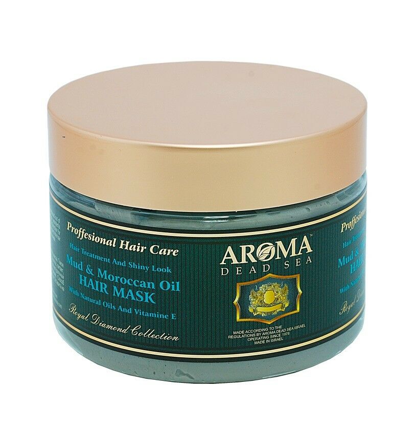 מסיכת שיער בוץ ושמן ארגן מרוקאי של המותג AROMA DEAD SEA. המוצר מכיל שמנים טבעיים ווויטמין E, מיועד לטיפול בשיער ומספק מראה מבריק. שייך לאוסף 'Royal Diamond Collection'.