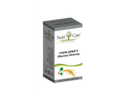 קופסה של תוסף תזונה 'גינסנג סיבירי' של Nutri Care, מעוצבת בצבעים ירוקים ולבנים עם שורש גינסנג.