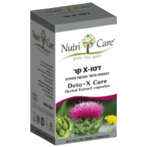 קופסה של תוסף תזונה בשם 'דטו-X Care' מבית Nutri Care, המכילה כמוסות תמציות צמחיות לתמיכה בניקוי רעלים ובריאות הכבד. העיצוב בגווני ירוק ולבן.