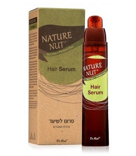 המוצר הוא סרום לשיער של המותג Nature Nut, בקבוק עם פקק אדום בקופסה חום-ירוקה, מיועד לשיער פגום ויבש.