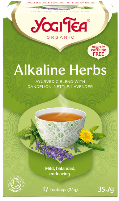 קופסה של תה Yogi Tea בשם 'Alkaline Herbs', מכילה 17 שקיקי תה אורגניים, תערובת דנדליון, נטל ולבנדר, ללא קפאין.