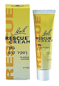 קרם 'Rescue Cream' של המותג Bach, באריזת קופסה יחידה שכוללת 30 גרם. המוצר מיועד להקל ולהשיב על עור יבש ומגורה.