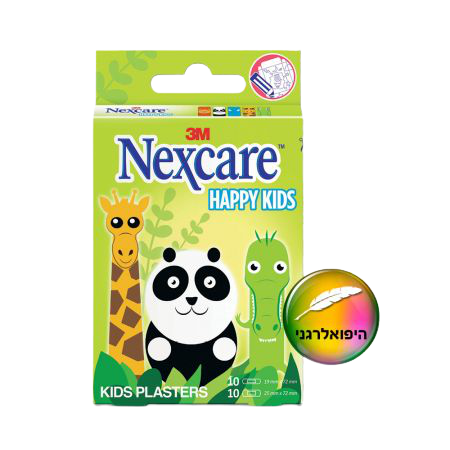 קופסה של Nexcare מכילה 10 פלסטרים היפואלרגניים בעיצוב חמוד של דמויות חיות, נושמים ומתאימים לתנועות הגוף.