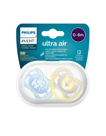 מוצץ תינוקות Philips Avent Ultra Air, גיל 0-6 חודשים, עם ציורים על המוצצים, פתחי אוויר לעור נושם, ללא ביספינול.